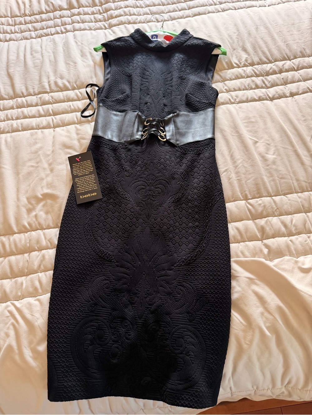 bebe Black Embossed Sheath Dress with Faux-Leather Corset
